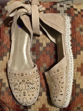 Stuart Weitzman Women's Beige Studded Espadrille Flats
